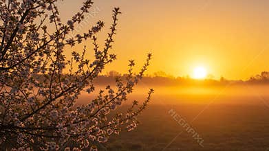 White Blossoms Against Radiant Sunrise Sky Over Foggy Field Tranquil Pastoral Scene