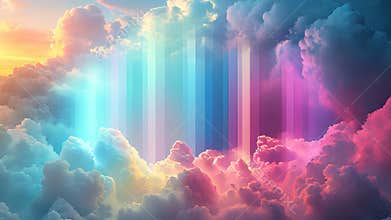 Rainbow colored sky with clouds and a rainbow