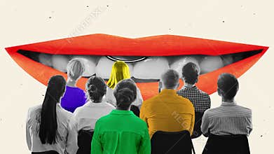 Stop motion. Animation. Audience facing giant lips with bold colors and piercing against textured background. Concept of public