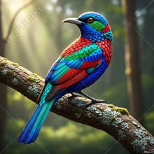 An AI generated image of colorful bird perching on a branch in forest