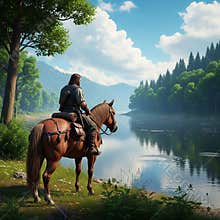 An AI generated image of a solitary medieval fantasy wanderer riding a horse in forested wilderness