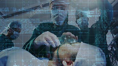 Camera shifting surgeon placing anesthesia mask on patient with grid overlay stabilizing vitals