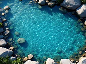 Sparkling Clear Blue Water Pond with Rocks and Sunlight Reflections Top View