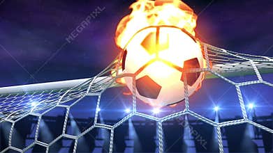 Burning soccer ball is slowly flying in the goal