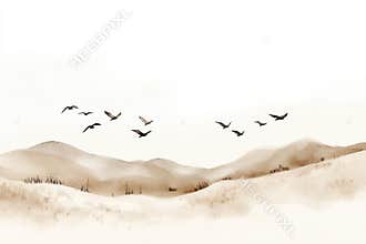 Minimalist landscape with birds flying over sepia toned mountains