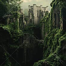 Overgrown Ruins of a Gothic Castle in Lush Forest