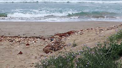 Blue turquoise ocean sea waves. Mediterranean coast shoreline landscape. A beach with pebbles in gloomy day. Volcanic