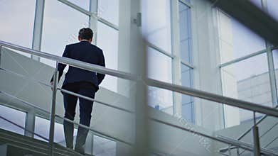 Ambitious manager climbing stairs modern office back view. Businessman walking