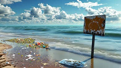 Plastic pollution spreading on idyllic beach with blank sign