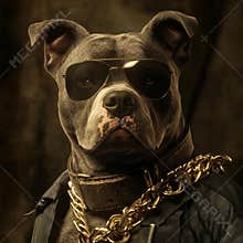 Cool pit bull wearing sunglasses, gold chains, and jacket