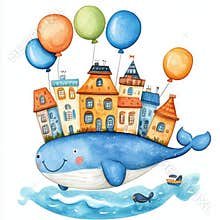 Delightful baby clip art design with a cute watercolor whale, lighthouse, and balloons. Stock illustration for children