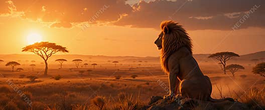 Majestic Lion at Sunset in the African Savanna