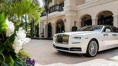 Generative AI Luxury White Rolls Royce Parked Outside Elegant Home in Beautiful Landscape business concept.