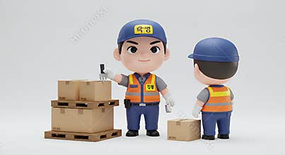 Adorable 3D Cartoon Delivery Workers Preparing Packages on White Background