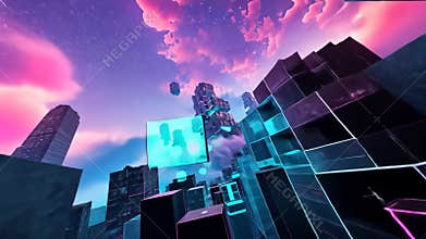 Vibrant sci-fi scene with synthwave styled towers in breathtaking perspective. Futuristic cyberpunk city in blue and