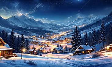 4K Winter Village Nightscape Snowy Mountain Town with Glowing Lights