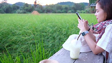Relaxing moment: woman using smartphone in scenic countryside