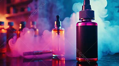 Vibrant vape bottles create a mystical atmosphere in a foggy setting. Colorful liquids swirl and collide. Perfect for