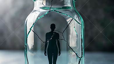 Silhouette Figure Trapped in Cracked Glass Jar with Shadows