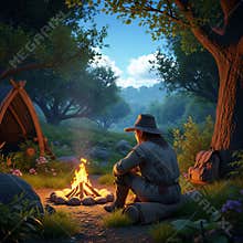 AI image of a solitude medieval fantasy vagabond sitting by a campfire in heavily forested wilderness in the evening