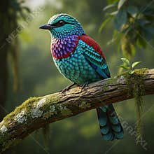 An AI generated image of colorful bird perching on a branch in forest