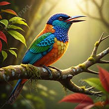 An AI generated image of colorful bird perching on a branch in forest