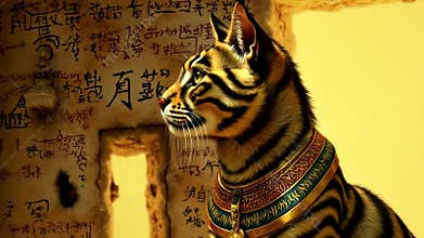 Golden Egyptian magic divine cat, cat in the temple of the Egyptian goddess