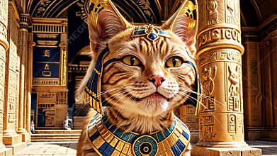 Golden Egyptian magic divine cat, cat in the temple of the Egyptian goddess