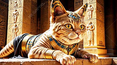 Golden Egyptian magic divine cat, cat in the temple of the Egyptian goddess