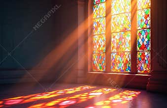 Colorful stained glass window illuminated bright light inside church building. Rays of sunlight shine through glass, creating
