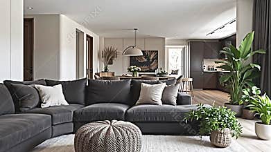 A serene living space anchored by a deep grey, generously sized sofa, complemented by a textural pouf. Walls Generative AI