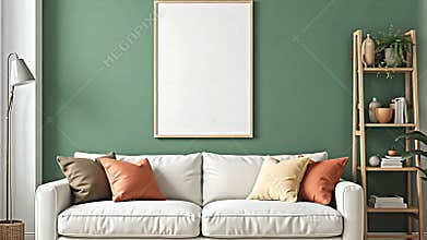 A living room interior showcasing a comfortable sofa with scatter cushions in complementary colors. A Generative AI