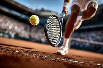 Tennis match on a clay court, male player lunging to hit ball, white attire, yellow tennis racket, crowd of spectators, late