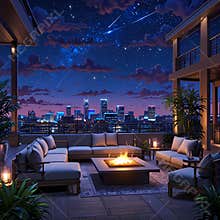 Anime Rooftop Terrace at Night with City Skyline and Fire Pit