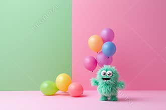 Bubble-shaped monster floating with balloons. colorful background