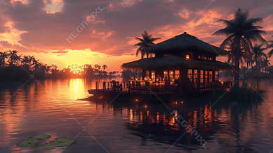 Tropical Overwater Bungalow at Sunset