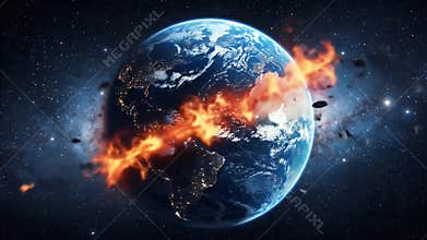 Earth Consumed by Flames in Deep Space Depicting Apocalyptic Climate Crisis and Environmental Destruction