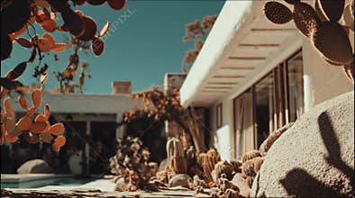 Desert Oasis White Building with Cacti Garden Under Blue Sky