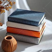 Cozy Arrangement of Stacked Books With Floral Accent in Soft Light at a Home Setting