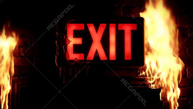 Intense close-up of a burning red illuminated exit sign melting from the heat of surrounding flames in a dark emergency