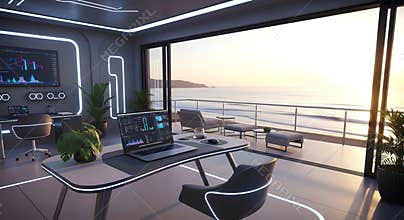 Futuristic luxury office with stunning ocean view and modern design for productive work.