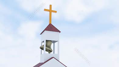 A bell is swinging within the belfry atop a church tower.