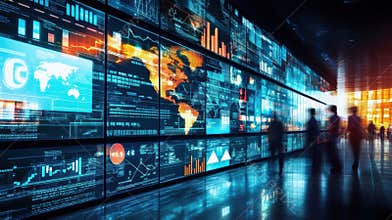 Business people walking in corridor with big data screens showing global map and statistics
