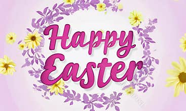 Flowing cursive of 'Happy Easter' in bright pink, with subtle flower blossoms appearing