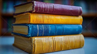 Colorful stacked books displaying vibrant covers against a teal background in a well-lit setting