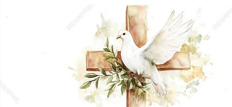 Dove of Peace perched on Cross with Olive Branch, Symbolizing Hope and Faith, copy space for text