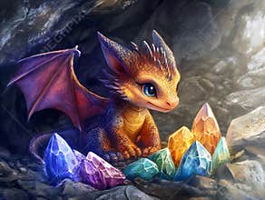 A cute little baby dragon playing with colorful crystal