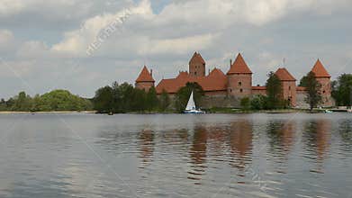 Yacht on Galve lake near Lithuanian historical castle Trakai