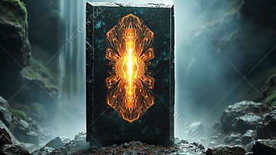 Mystical Artifact Surrounded by Waterfall in a Lush, Enigmatic Setting