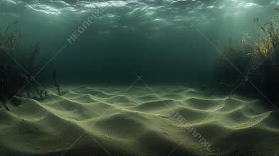 Underwater Scene Of Rippled Sand And Seaweed In Dark Green Water